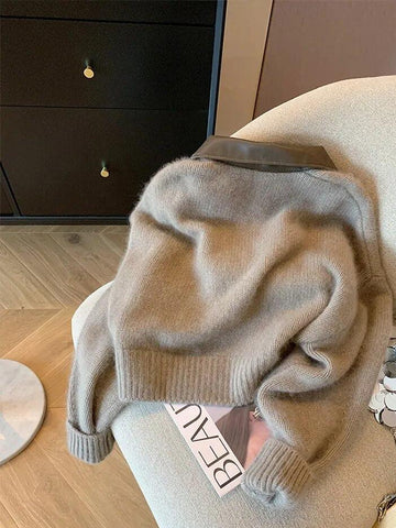 Getadme-French Vintage Knitted Pullover Women Classical Oversized Sweater Turn-Down Collar Long Sleeve Cardigan Korean Y2K Streetwear